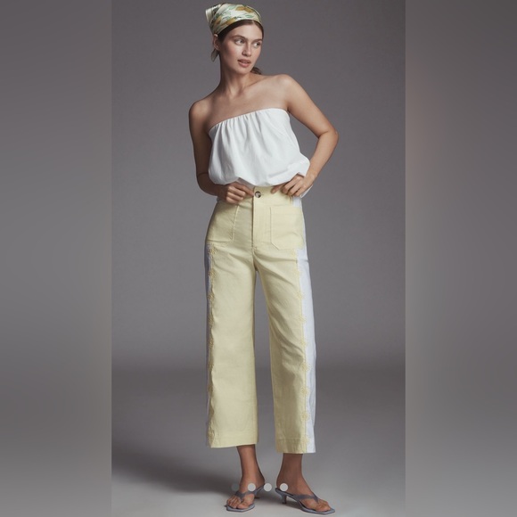 Anthropologie Maeve The Colette Two-Tone Yellow and White Cropped Pants - Picture 2 of 6